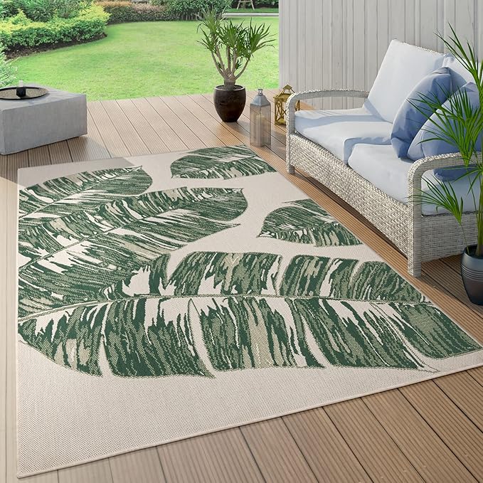 Tropical Outdoor Rug Jungle Leaves Design for Patio in Green Beige, Size: 3'11" x 5'7"