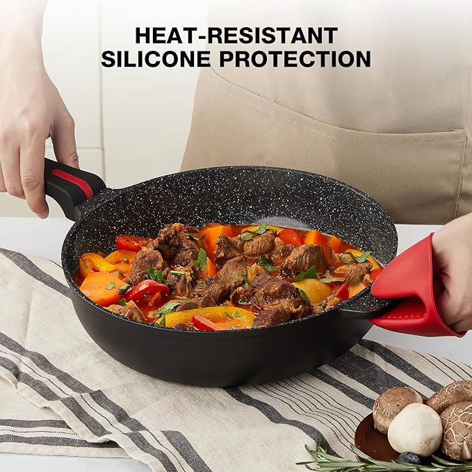PekGema Nonstick Deep Frying Pan Skillet, Ceramic 12 Inch/4.5 Quart Saute Pan With Lid, Induction Pan, Healthy Non Toxic Cooking Pan With Helper Handle, PFOA PTFE FREE, Black