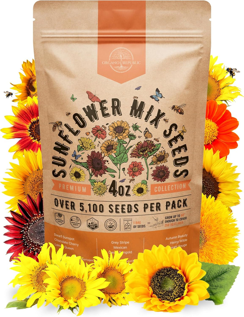 Sunflower Mix Seeds Pack 4 oz - Over 5,100 Non-GMO Heirloom Sunflower Seeds for Planting, Annual Flowers in Individual Seed Packet for Planting Home Garden Indoor & Outdoor Gardening