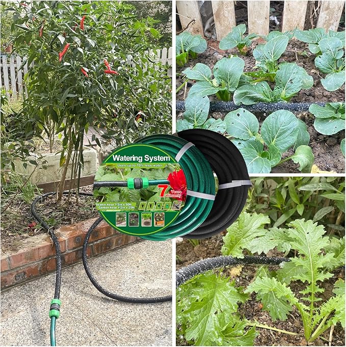 Customizable Soaker Hose System - 1/2 inch x 50ft Soaker Hose with 25ft Garden Hose, Irrigation Weeping Hose with Reinforced Fittings for Raised Garden Flower Bed, Vegetables and Shrub Plants.