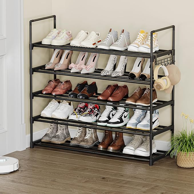 Metal Shoe Rack - 5-Tier Shoe Organizer with Adjustable Shelf Height, Sturdy Shoe Storage Shelf, Perfect for Front Door Entrance, Closet & Entryway, Easy to Assemble, DIY Layering Options (L - 5 Tier)