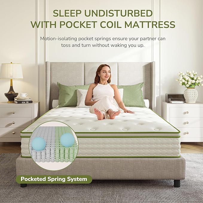 Queen Mattress, 12 Inch Innerspring Queen Size Hybrid Mattress with Individually Pocket Innerspring for Cool Motion Isolation & Silent Sleep, Pressure Relief, Edge Support,Medium Firm