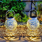 Outdoor Solar Hanging Lantern Lights Metal LED Decorative Lamp for Garden Patio Courtyard Lawn and Table with Hollowed-Out Design (White)