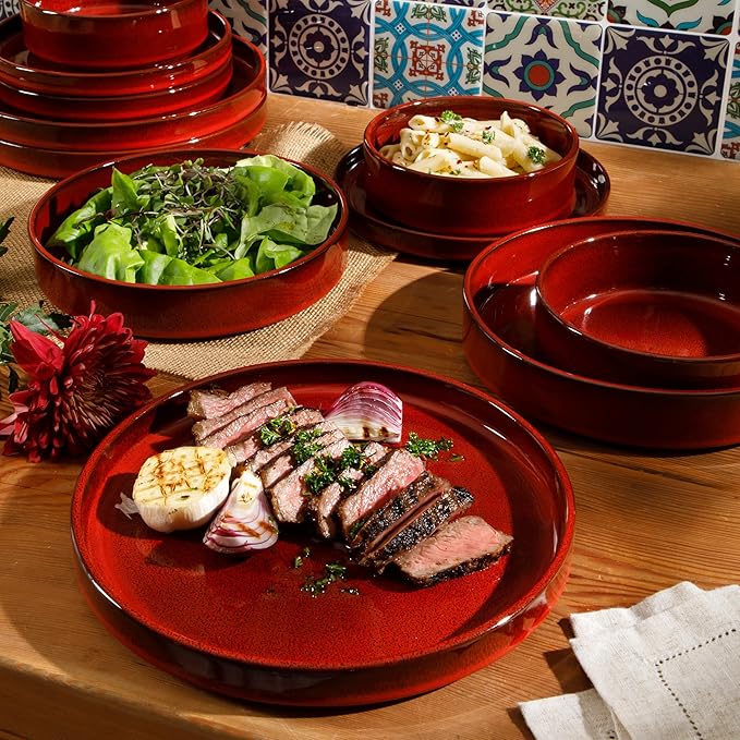 Bloomhouse Santorini Mist Double Bowl Terracotta Reactive Glaze Plates and Bowls Dinnerware Set - Garnet Red, Service for Four (16pcs)