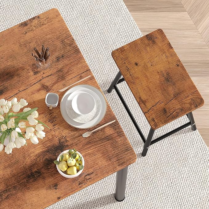VECELO Kitchen Table and Chairs for 4, Dining Room Set with Chairs/Stools, Heavy-Duty Metal Frame with Wooden Tabletop for Small Spaces, Easy Assembly, Antique Brown