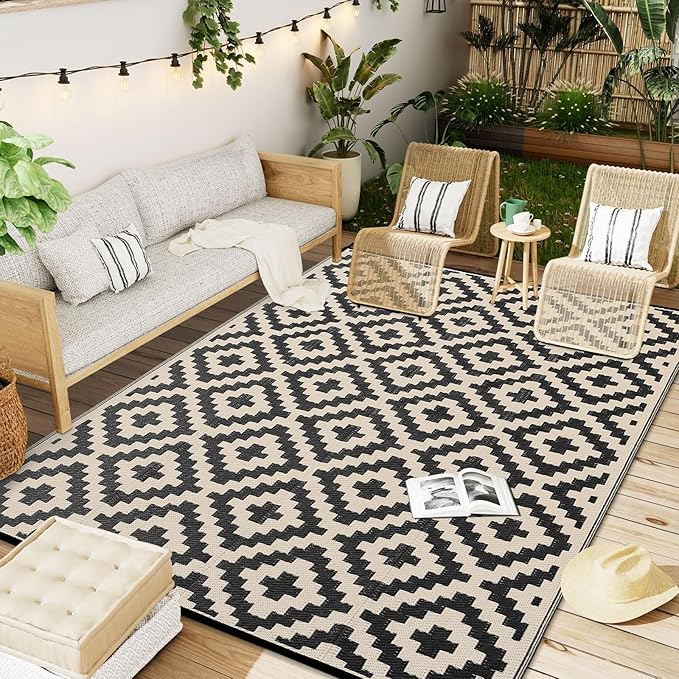OLANLY Waterproof Outdoor Rug 6x9 ft, Outdoor Plastic Straw Rug for Camping, RV Mat Outside, Outdoor Carpet for Porch, Deck, Backyard, Balcony, Picnic, Black & Beige