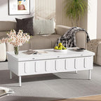 WILLIAMSPACE 43.3" Rectangular Lift-Top Coffee Table with 2 Drawers, Modern Center Table with Foldable Top, Multi-Functional Adjustable Dining Table with Storage Compartment for Living Room, White