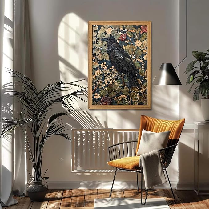 Framed 3D Textured Vintage Wall Art - Dark Academia Decor Hand Drawn Sandstone Black Crow Paintings with Botanical Florals, Aesthetic Wall Decor for Living Room Bedroom Home 24x36 inch