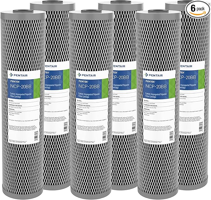 Pentair Pentek NCP-20BB Big Blue Carbon Water Filter, 20-Inch, Whole House Non-Cellulose Carbon Impregnated Pleated Filter Cartridge, 20" x 4.5", 10 Micron, Pack of 6, Gray
