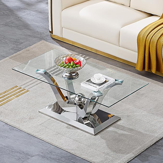HomVent Modern Glass Coffee Table, with Stainless Steel, Living Room Table for Living Room Bedroom
