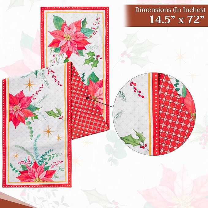 Maison d' Hermine Table Runner 100% Cotton Double Layer Table Runners 72 inches Long for Thanksgiving Christmas Decorations Home Kitchen Dining Party Wedding (Poinsettia Christmas, 14.5" x 72")
