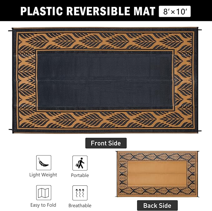 8x10 Patio Waterproof Outdoor Rug Outrside Camping Carpet RV Area Rug Reversible Brown Rugs for Deck Entryance Porch Picnic Balcony Beach