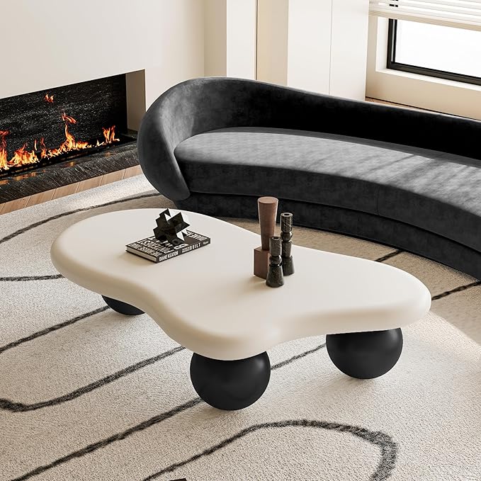 47 Inch Cloud Shaped Coffee Table with 3 Ball Legs for Living Room White Top Black Legs
