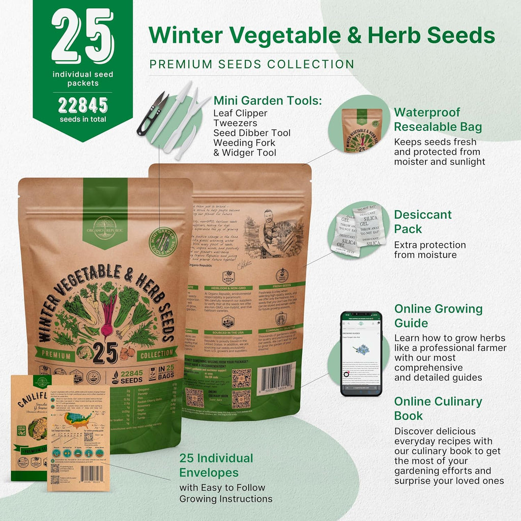 Organo Republic 25 Winter Vegetable & Herb Garden Seeds Variety Pack for Outdoors & Indoor Home Gardening 22,840+ Non-GMO Heirloom Seeds Broccoli Beet Carrot Cabbage Radish Pea Mint Thyme Parsley