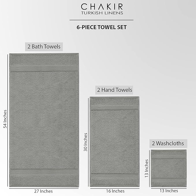 Chakir Turkish Linens 100% Cotton Premium Turkish Towels for Bathroom | 2 Bath Towels - 2 Hand Towels, 2 Washcloths (6-Piece Towel Set, Gray)