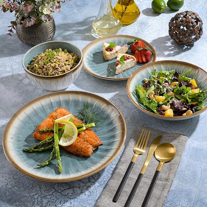 Gibson Elite Mayfair Bay Embossed Double Bowl Dinnerware Set, Service for 4 (16pcs), Blue