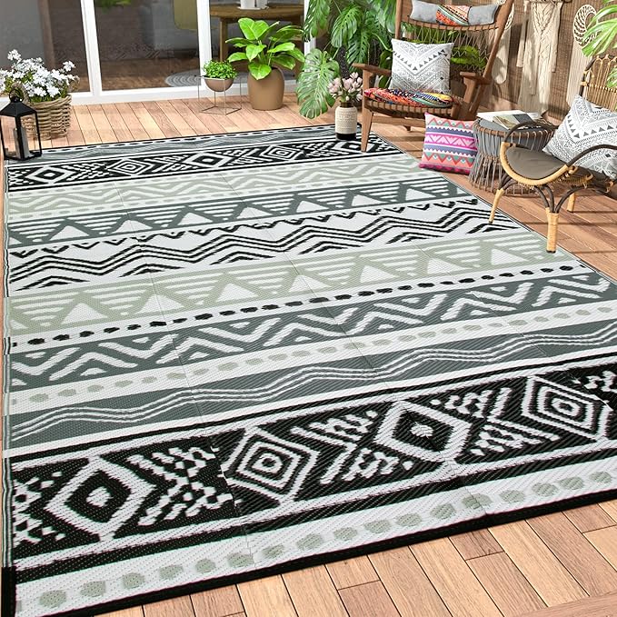 Lahome Outdoor Rug 8x10 Patio Waterproof, Reversible Outdoor Plastic Straw Rug for Camping, RV Patio Rugs Outside Large Carpet for Porch Deck Backyard Picnic(Grey/Black,8'x 10')