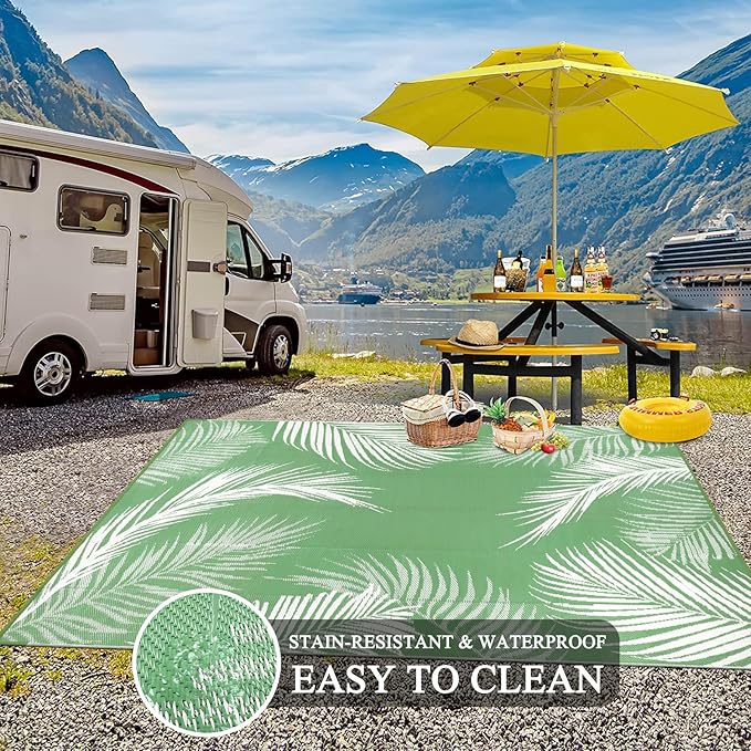 Pauwer Waterproof Outdoor Rug 6x9, Reversible Plastic Straw Patio Camping Rug, Indoor Outdoor RV Mat Carpet for Deck, Camper, Porch, Balcony, Backyard, Picnic, Leaf Green