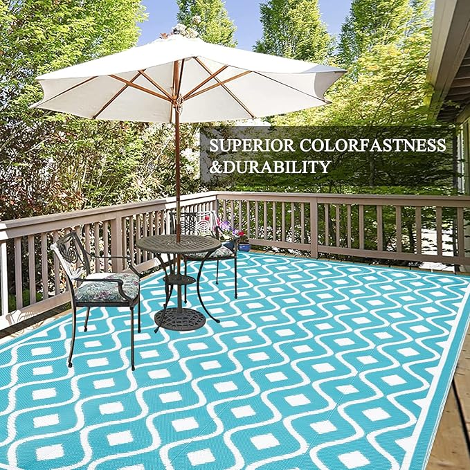 Pauwer Waterproof Outdoor Rug 9x12, Reversible Plastic Straw Patio Camping Rug, Indoor Outdoor RV Mat Carpet for Deck, Camper, Porch, Balcony, Backyard, Picnic, Geometric Teal