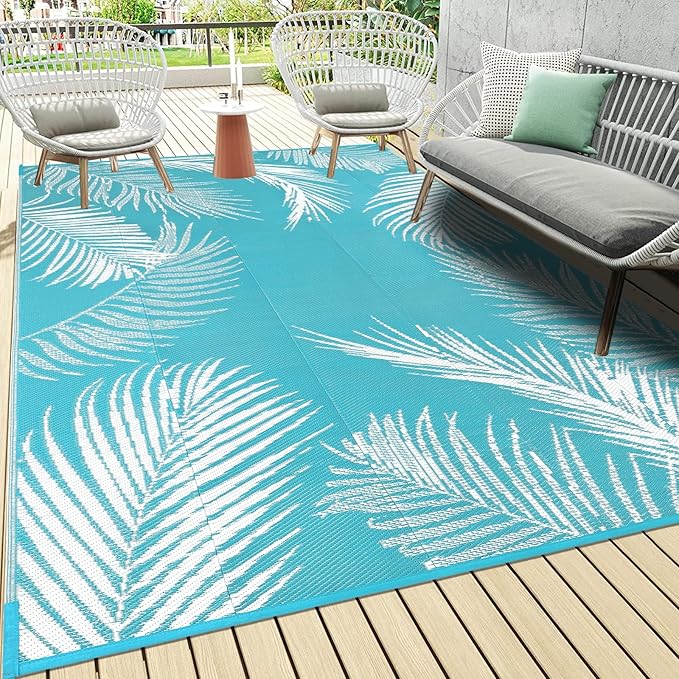 Pauwer Waterproof Outdoor Rug 6x9, Reversible Plastic Straw Patio Camping Rug, Indoor Outdoor RV Mat Carpet for Deck, Camper, Porch, Balcony, Backyard, Picnic, Leaf Teal