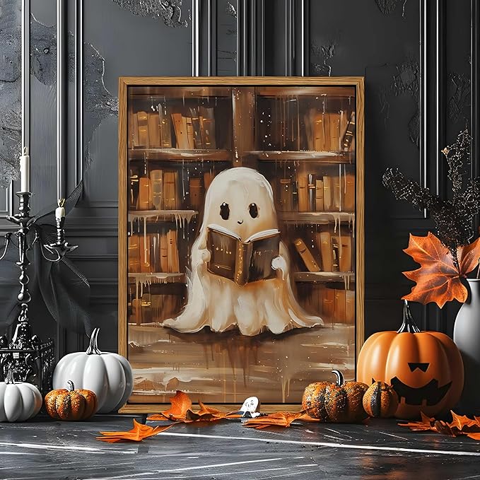 Vintage Framed Ghost Reading Books Canvas Wall Art for Home Office - Halloween Academia Cute Ghost Picture Paintings Prints, Halloween Room Aesthetic Decor for Living Room Bedroom 16x24 inch