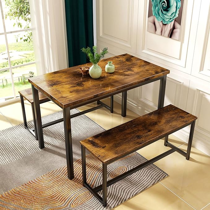AWQM Dining Room Table Set, Kitchen Table Set with 2 Benches, Ideal for Home, Kitchen and Dining Room, Breakfast Table of 43.3x23.6x28.5 inches, Benches of 38.5x11.8x17.5 inches, Rustic Brown
