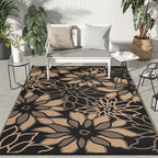 GENIMO Outdoor Rug Waterproof for Patio Decor, 8' x 10' Reversible Plastic Straw Floral Camping Carpet, Large Area Rugs Mats for RV, Camper, Deck, Balcony, Porch, Beach, Picnic, Black & Brown