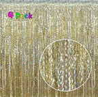 4 Pack Wavy Sparkle Champagne Gold Metallic Tinsel Foil Fringe Curtains Photo Booth Backdrop | Gold Streamer Backdrop for Holiday Celebration Bachelorette Party Decorations