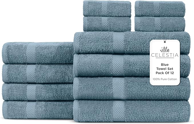 100% Cotton Bath Towel Set of 12-4 Bath Towels, 4 Hand Towels, 4 Wash Cloths, Sustainable, Soft, Highly Absorbent, Combed Cotton 12 Piece Set for Hotels, Spa, Bathroom, Dorm, Blue