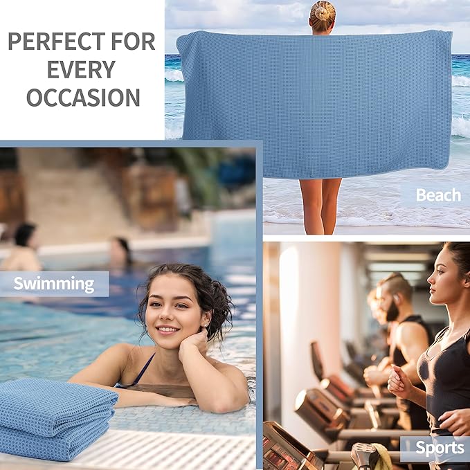 New Microfiber Waffle Bath Towels, 2 Pieces, Oversized, Soft, Absorbent, Fast Drying, Lint Free (Blue)
