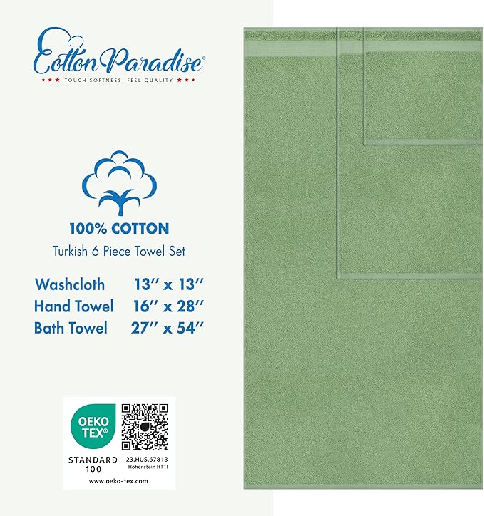 Cotton Paradise 6 Piece Towel Set 100% Cotton Soft Absorbent Turkish Towels for Bathroom 2 Bath Towels 2 Hand Towels 2 Washcloths Sage Green Towel Set
