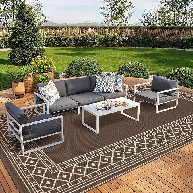 GENIMO Outdoor Rug Waterproof for Patio Decor, 10'x20' Foldable Reversible Plastic Straw Carpet, Outside Area Mat for Rv, Deck, Picnic, Porch, Camper, Balcony, Beach, Coffee & Brown