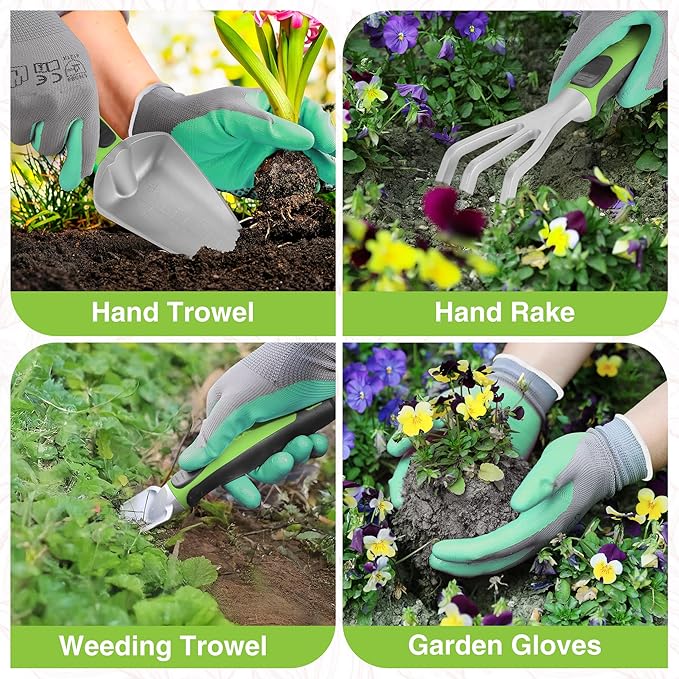 WORKPRO 5PCS Garden Tool Set, Powder Coating Compact Aluminum Gardening Tool Set with Repotting Mat, Outdoor Garden Hand Tools, Ideal Gardening Gift, Green