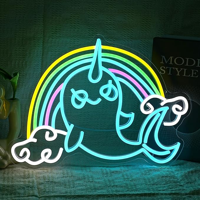 Rainbow Narwhal Neon Sign Dreamy Narwhal Led Sign Dimmable Rainbow Cloud Light up Sign Cute Fish Neon Light Decor for Bedroom Living Room Girl Dorm Shop Birthday Party Wedding Cartoon Lover
