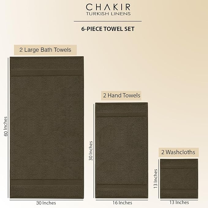 Chakir Turkish Linens 100% Cotton Premium Turkish Towels for Bathroom, 2 Large Bath Towels, 2 Hand Towels, 2 Washcloths (6-Piece Towel Set, Cocoa)