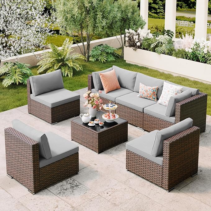 Qsun 7 Pieces Outdoor Patio Furniture Set, PE Rattan Outdoor Wicker Sectional Furniture Sofa Set, with Cushions and Glass Coffee Table, for Balcony, Porch, Garden, Grey