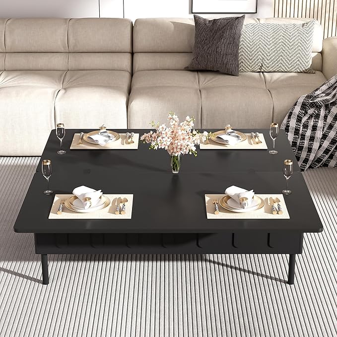 WILLIAMSPACE 43.3" Rectangular Lift-Top Coffee Table with 2 Drawers, Modern Center Table with Foldable Top, Multi-Functional Adjustable Dining Table with Storage Compartment for Living Room, Black