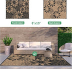 GENIMO Outdoor Rug Waterproof for Patio Decor, 8' x 10' Reversible Plastic Straw Floral Camping Carpet, Large Area Rugs Mats for RV, Camper, Deck, Balcony, Porch, Beach, Picnic, Black & Brown