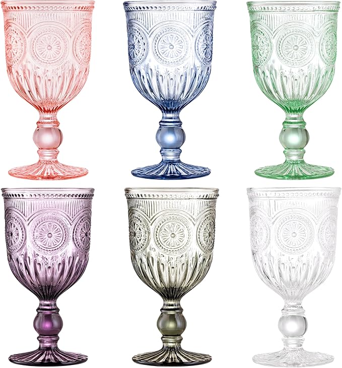 Yungala Colored Wine Glasses set of 6 colorful glass goblets made from Solid glass colors, colorful wine glasses are 100% dishwasher safe, multi colored wine goblets are hand crafted