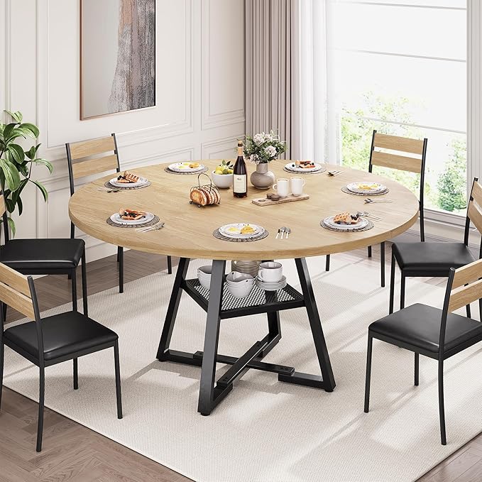 51'' Round Dining Table for 6,Kitchen Dining Room Circle Dinner Pedestal Table,Space Saving Wood Kitchen & Dining Room Furniture (Natual Wood, 51In)