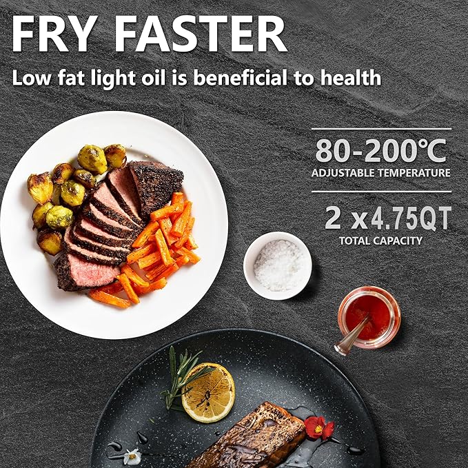 Dual Basket Air Fryer 9.5QT, 2 Non - stick Drawer Ovens with 11 in 1 Cooking Presets, Sync Cooking Finish, No Oil Required, Crispy and Aromatic, Digital Control, 2400W Power, Dishwasher Safe, Black