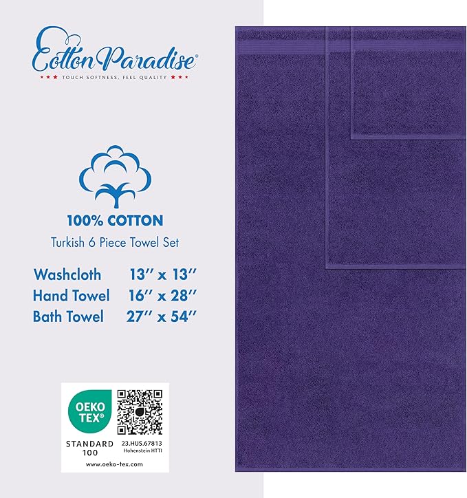Cotton Paradise 6 Piece Towel Set, 100% Cotton Soft Absorbent Turkish Towels for Bathroom, 2 Bath Towels 2 Hand Towels 2 Washcloths, Purple Towel Set