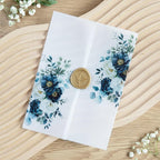 PONATIA 50PCS Vellum Jackets for 5x7 Invitation Cards- 135GSM Navy Blue Flowers Printed Wedding Invitations Wraps - Transparent Christmas Gift Cards