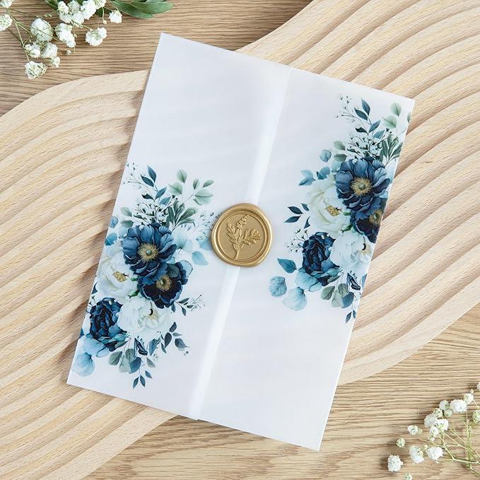 PONATIA 50PCS Vellum Jackets for 5x7 Invitation Cards- 135GSM Navy Blue Flowers Printed Wedding Invitations Wraps - Transparent Christmas Gift Cards