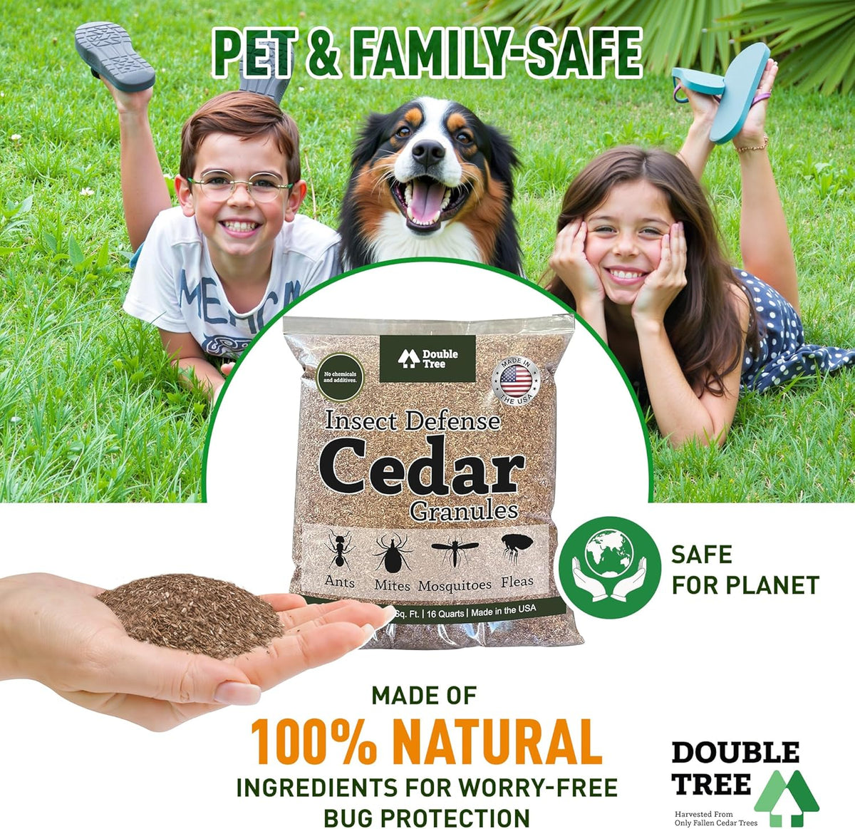 Double Tree Home and Garden Cedar Granules | Repels Fleas, Ticks, Ants, and Mosquitos | Rich Cedar Scent | Non Toxic | Pet Safe | 1 Bag (16 Quarts)