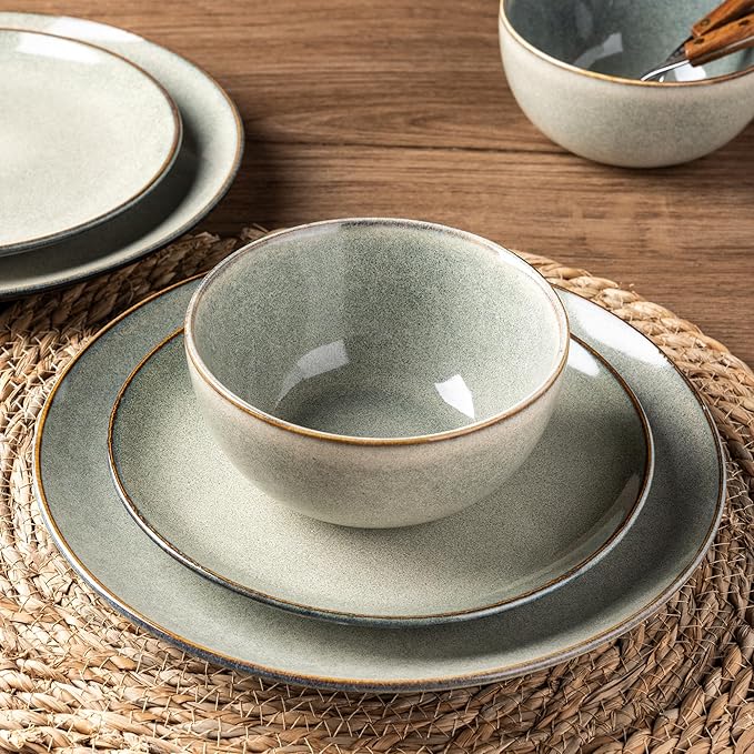 AmorArc Ceramic Dinnerware Sets for 4, 12 Pieces Handpainted Stoneware Plates and Bowls Set, Scratch Resistant Dishes Set, Dishwasher & Microwave Safe, Reactive Color