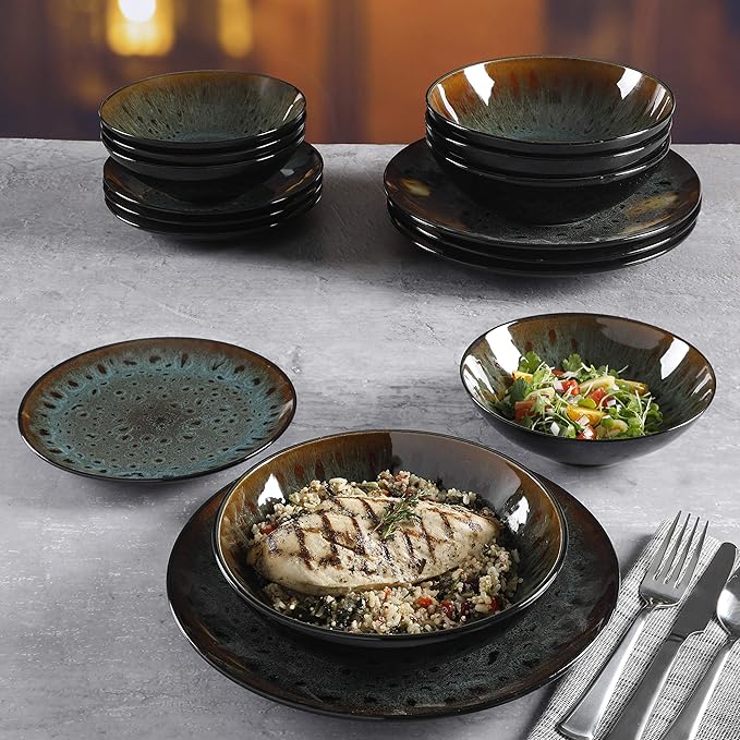 Gibson Elite Kyoto Double Bowl Dinnerware Set, Service for 4 (16pcs), Teal