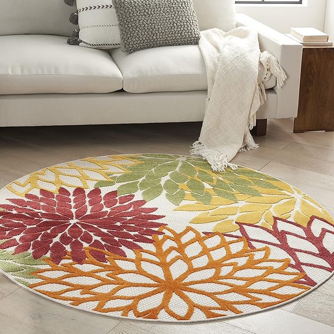 Nourison Aloha Indoor/Outdoor Red Multi Colored 4' x Round Area Rug, Tropical, Botanical, Easy Cleaning, Non Shedding, Bed Room, Living Room, Dining Room, Deck, Backyard, Patio (4 Round)