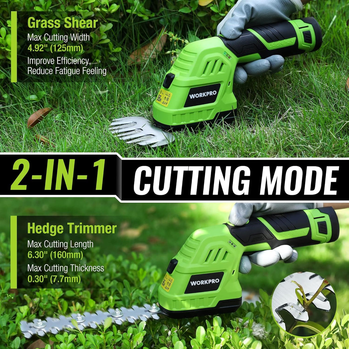 WORKPRO 12V Cordless Grass Shear & Shrubbery Trimmer - 2 in 1 Handheld Hedge Trimmer, Electric Grass Cutter with 2.0Ah Rechargeable Lithium-Ion Battery & 1 Hour Fast Charger