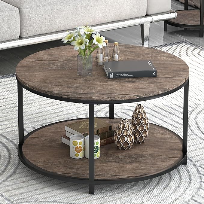 Round Coffee Table, Rustic Wooden Surface Top & Sturdy Metal Legs Industrial Sofa Table for Living Room Modern Design Home Furniture with Storage Open Shelf (Walnut, 27.6 in)